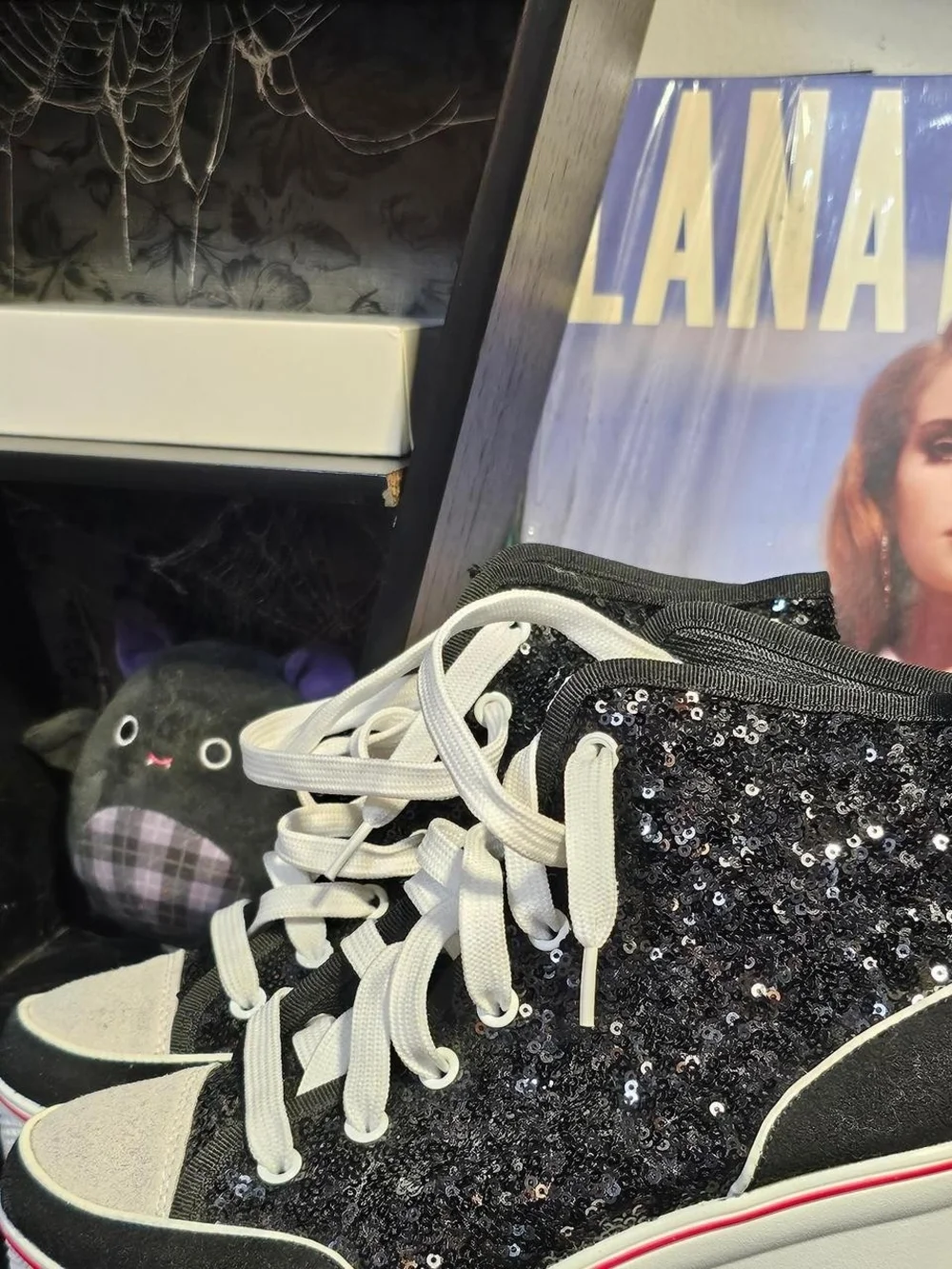 Women's Black Sequin Wedge Sneaker with White Laces